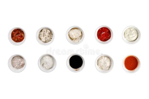 Set Of Different Sauces On White Background Top View Stock Photo