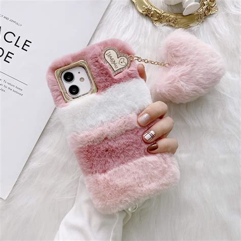 aweevnye case compatible with iphone 12 mini girly faux fur case with cute heart ball soft