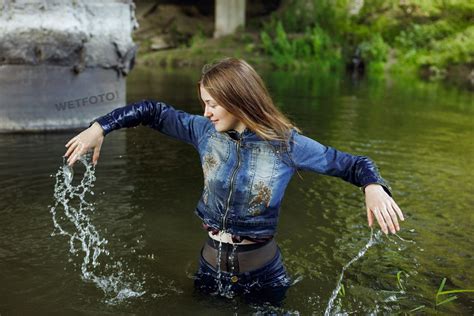 Wetfoto Overalls Jeans Girl Take A Swim Fully Dressed Jeans Clothing
