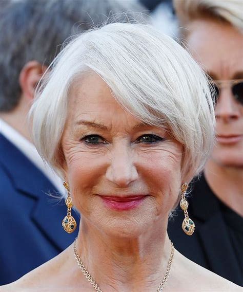 As opposed to her other hair looks, the actress has larger curls with a few layers and a deep side part. Helen Mirren Short Straight Light Grey Bob Haircut with ...