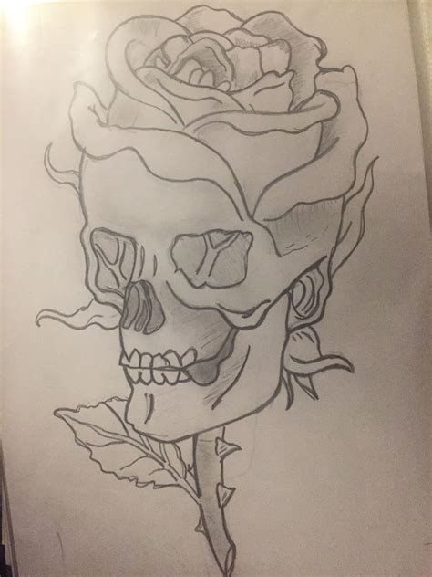 A Drawing Of A Skull With A Rose On It