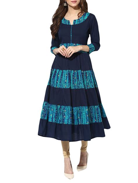 Aks Navyblue Cotton Printed Anarkali Kurti Kurti Dress Indian Style