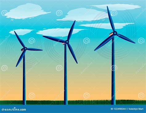 Windmills Standing In The Field Against The Background Of Blue Sky
