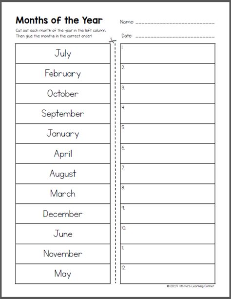 Months Worksheet For Kindergarten