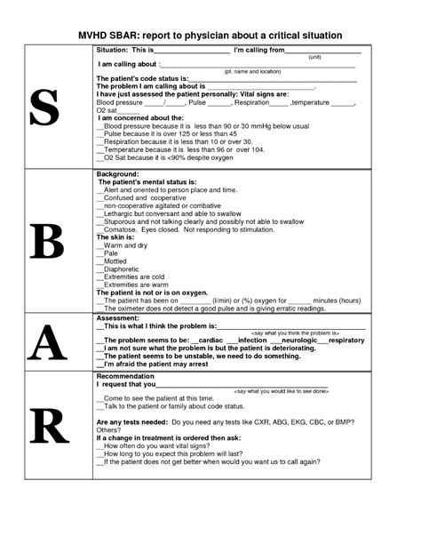 Sbar Form In Word Sbar Hospitals Word 56k 1 Page The