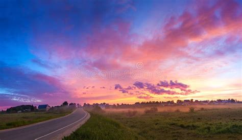 Rural Landscape With Sunriseblue Sky And Clouds Panorama Stock Image