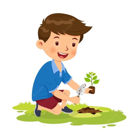 Premium Vector Cute Boy Happy Planting Tree