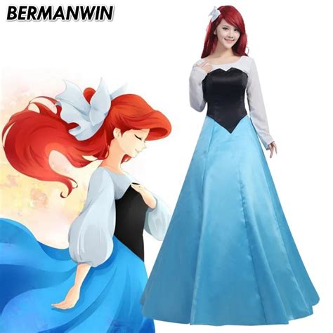 Bermanwin High Quality Ariel Costume The Little Mermaid Ariel Blue Dress Halloween Cosplay