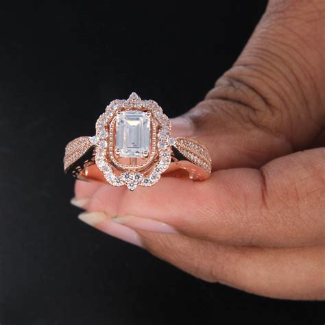 Emerald Cut Diamond Halo Vintage Style Engagement Ring 14k Rose Gold