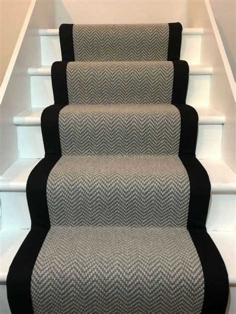 Grey Herringbone Flatweave Carpet Stair Runner With Black Taped Edge