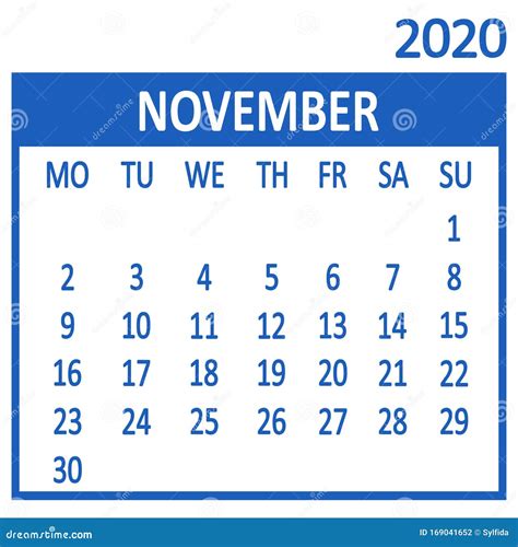 November Eleventh Page Of Set Calendar 2020 Template Week Starts