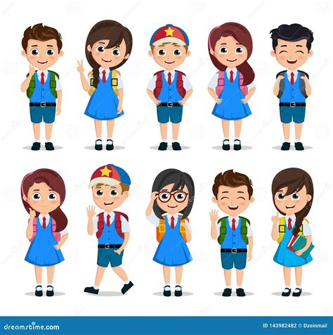 Student Characters Vector Set School Kids Cartoon Characters Wearing