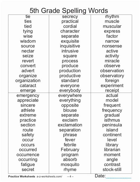 4th Grade Spelling Words 1 Grade 4 Vocabulary Worksheet Printable Pdf