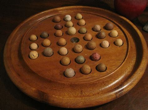 Antique 1800s Hand Turned Solitaire Game Board With Antique Clay