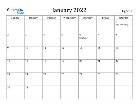 January 2022 Calendar Cyprus