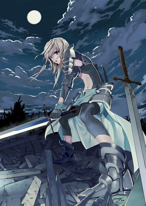 4533575 Moon Long Hair Sword Weapon Blue Eyes Anime Girls
