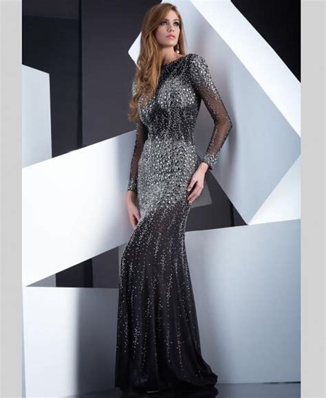 luxury crystal beaded rhinestone long sleeve mermaid evening dresses formal black evening gowns
