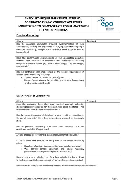 Subcontractor Checklist Template Tutoreorg Master Of Documents
