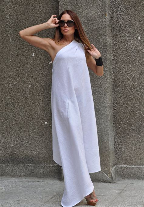 Linen One Shoulder Dress Tiffany White Dress Party One Shoulder