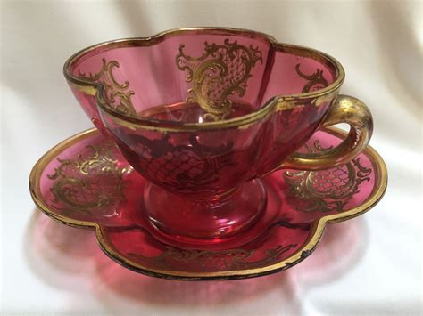 Antique Moser Cranberry Hand Painted Gold Gilt Enamel Glass Cup And Saucer Ebay Glass Tea Cups