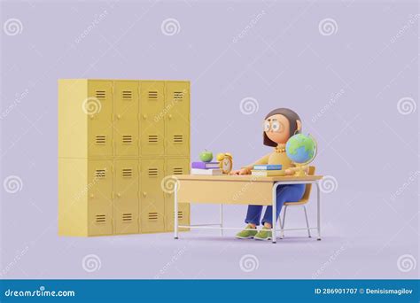 cartoon character teacher s desk with accessories yellow lockers stock illustration