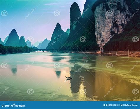 Karst Mountain Landscape On The Li River In Xingping Guangxi Province