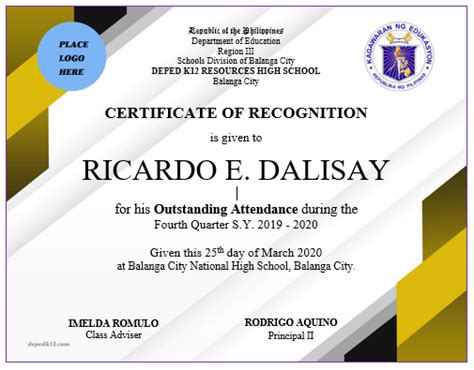 Deped Certificate Of Recognition Template Free Download
