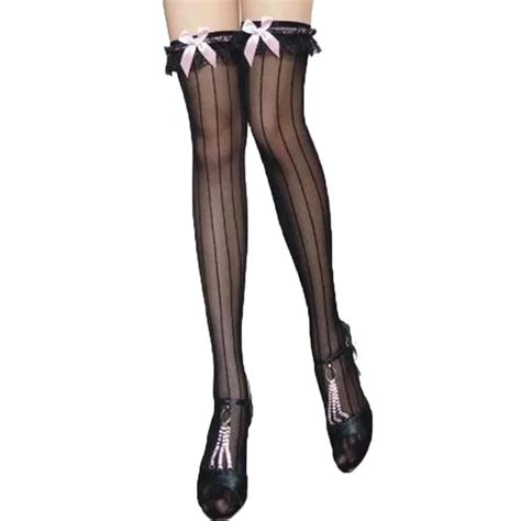 N2075 New Popular Sexy Striped Stockings Hot Sale Lace Top Stockings With Pink Bow High Quality
