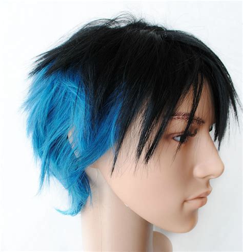 The inspiration for the hairstyle came from the punk rock music of the time. OCEAN DEPTHS wig // Men Guy Emo Black Blue Hair // Scene Punk