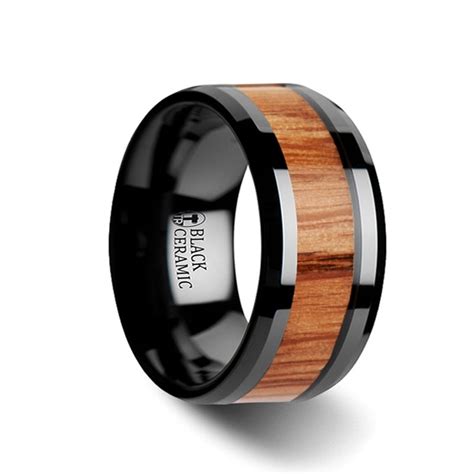 Black Ceramic Mens Ring With Red Oak Wood Inlay