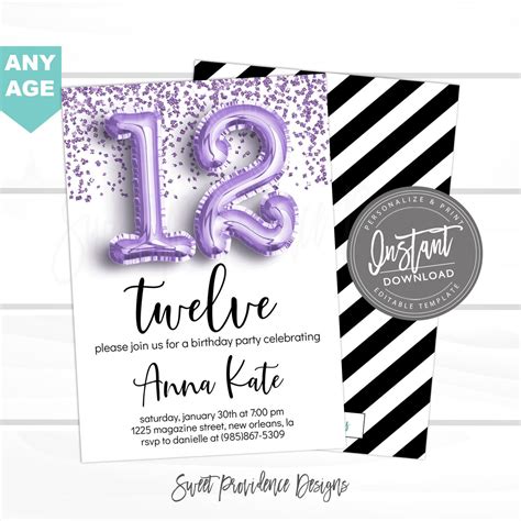 12th Birthday Invitation Any Age Editable Birthday Invitation Purple