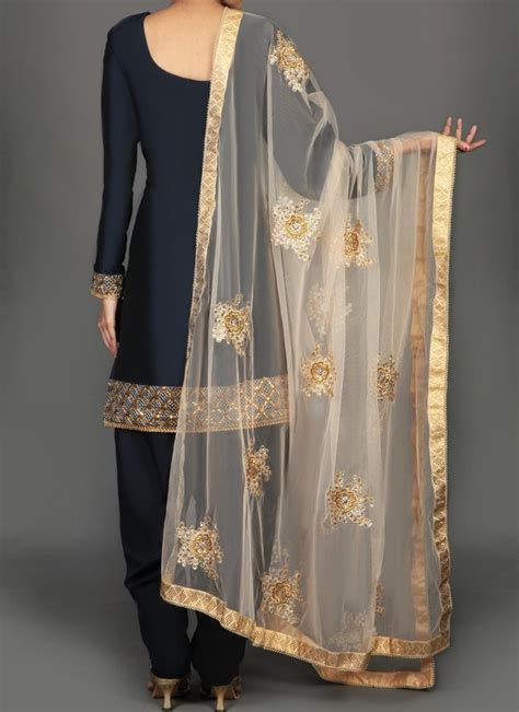 Navy Blue And Gold Embroidered Punjabi Suit Features A Taffeta Silk