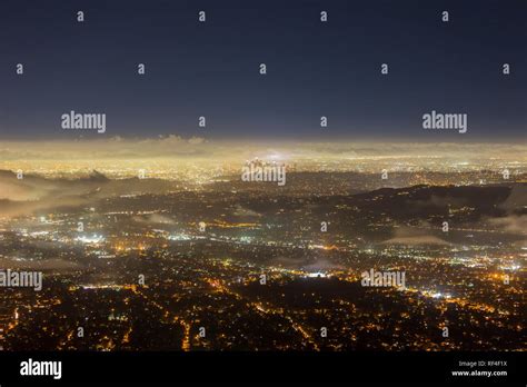 Night Fog Aerial View Of Urban Downtown Los Angeles Skyline In Southern