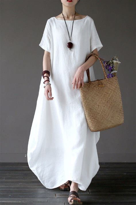 White Casual Linen Plus Size Summer Maxi Dresses 1640