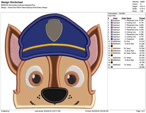 Chase Paw Patrol Head Applique Embroidery Design Etsy Uk