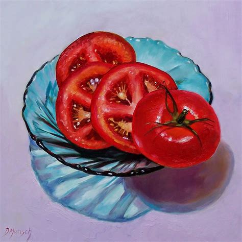 Donna Munsch Fine Art Original Oil Painting Sliced Tomato In Lucky Dish