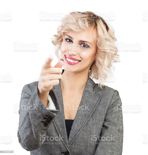 Happy Business Woman Pointing Finger On White Background Stock Photo