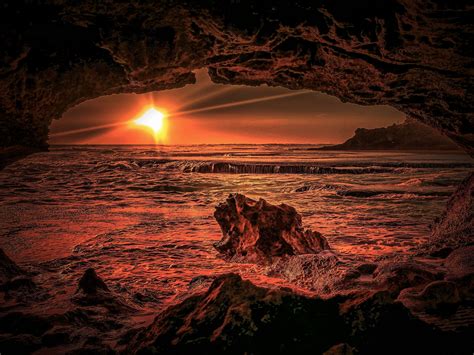 Cave Horizon Ocean Sea Sun Sunset Wallpaper Resolution4608x3456 Id