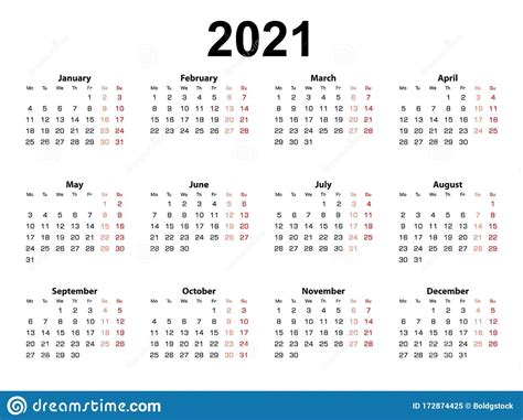 The calendar date allows the specific day to be identified. Calendar Layout For 2021 Year, Week Starts From Monday Stock Vector - Illustration of flat, grid ...