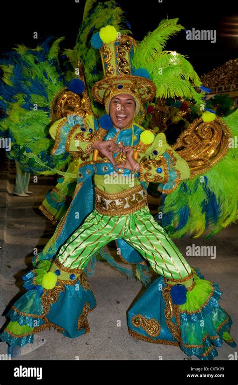 Mann In Grün Kostüm Beim Karneval Parade Rio De Janeiro Brasilien