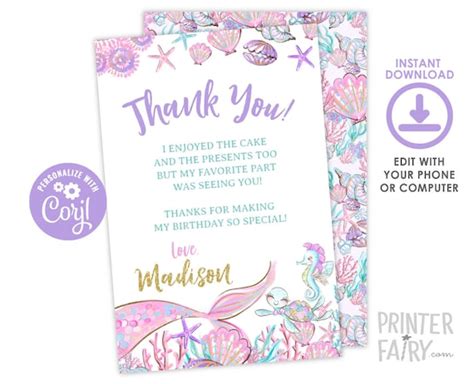 Editable Mermaid Thank You Cards Under The Sea Birthday Party