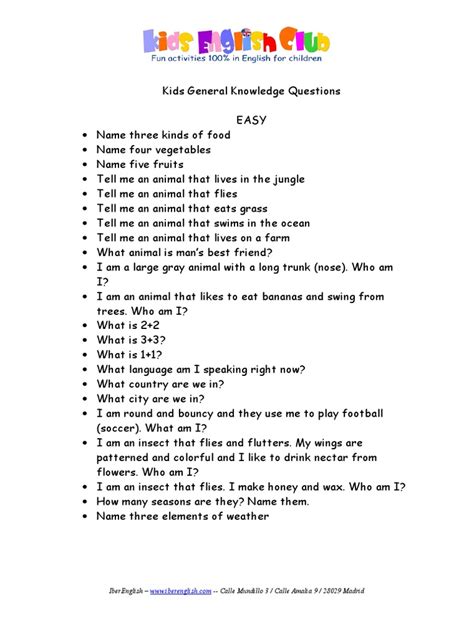 Kids General Knowledge Questions Nature Foods