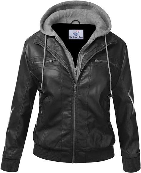 Thesmartsales Black Hooded Leather Jacket For Women Hooded Leather
