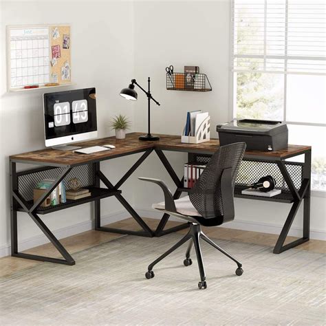 L Shaped Computer Desk With Open Storage Shelves Two