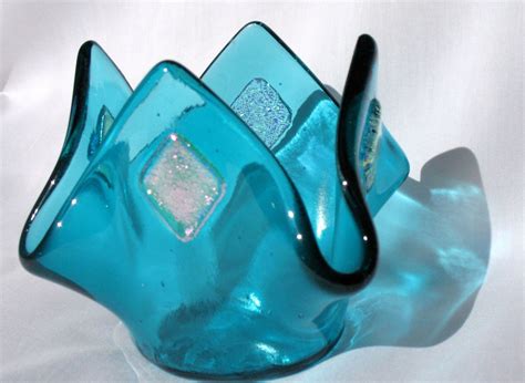 Fused Glass Art Candle Holder Tropical Summer Blue Votive Dish Fused Glass Candle Holder