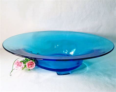 Mcm Vintage Wide Flared Blue Glass Bowl 3 Footed Bowl Wedding Decor Cottage Decor Etsy