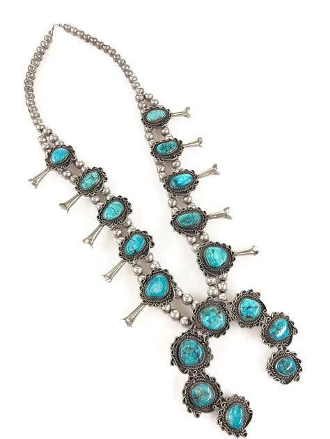 Native American Sterling Silver Turquoise Squash Blossom Nec