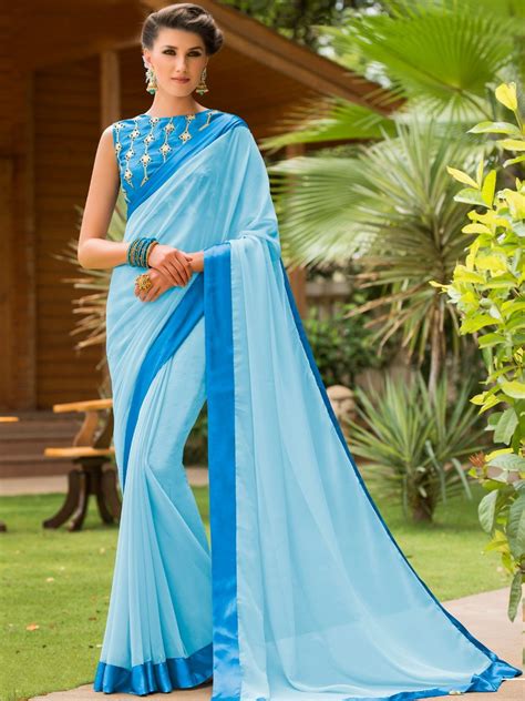 Elegance Sky Blue Saree With Embroidered Blouse Mintorsi 4509