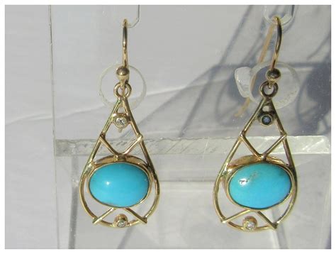 Oval Turquoise Gold Dangle Drop Earrings Gemstone Fine Jewels Ruby Lane