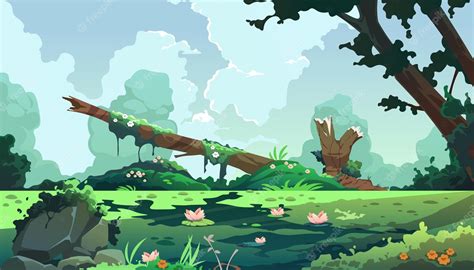 Premium Vector Swamp Cartoon Landscape Forest Background With Marsh And Lake Cartoon Fantasy